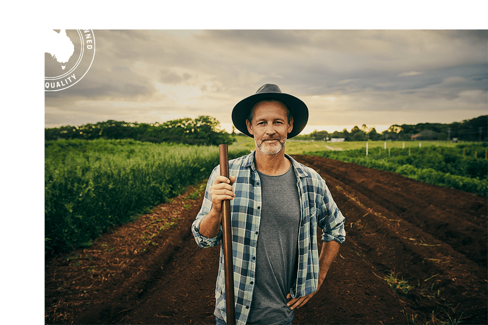 Farmer standing in a field. Our Pan Rolls are made with fresh local australian ingredients.