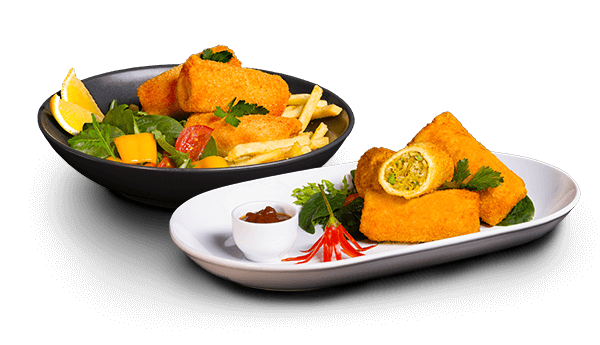 Two plates of Sri Lankan Fish and Vegetable Pan Rolls with Chilli Garnish, Hot Chips & Salad.